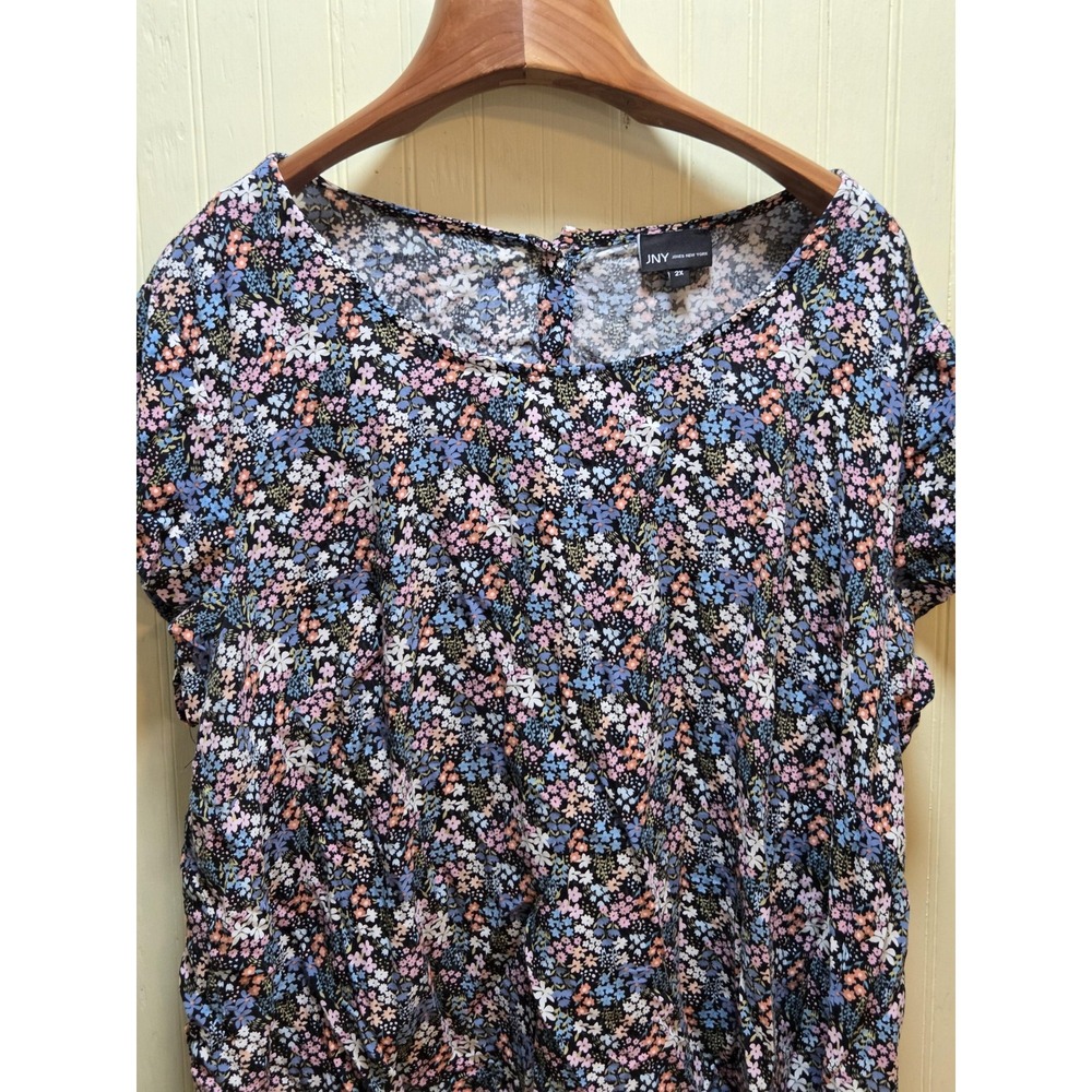 Jones New York Shirt Womens 2X Black Floral Scoop Neck Short Sleeve Tunic‎ Top